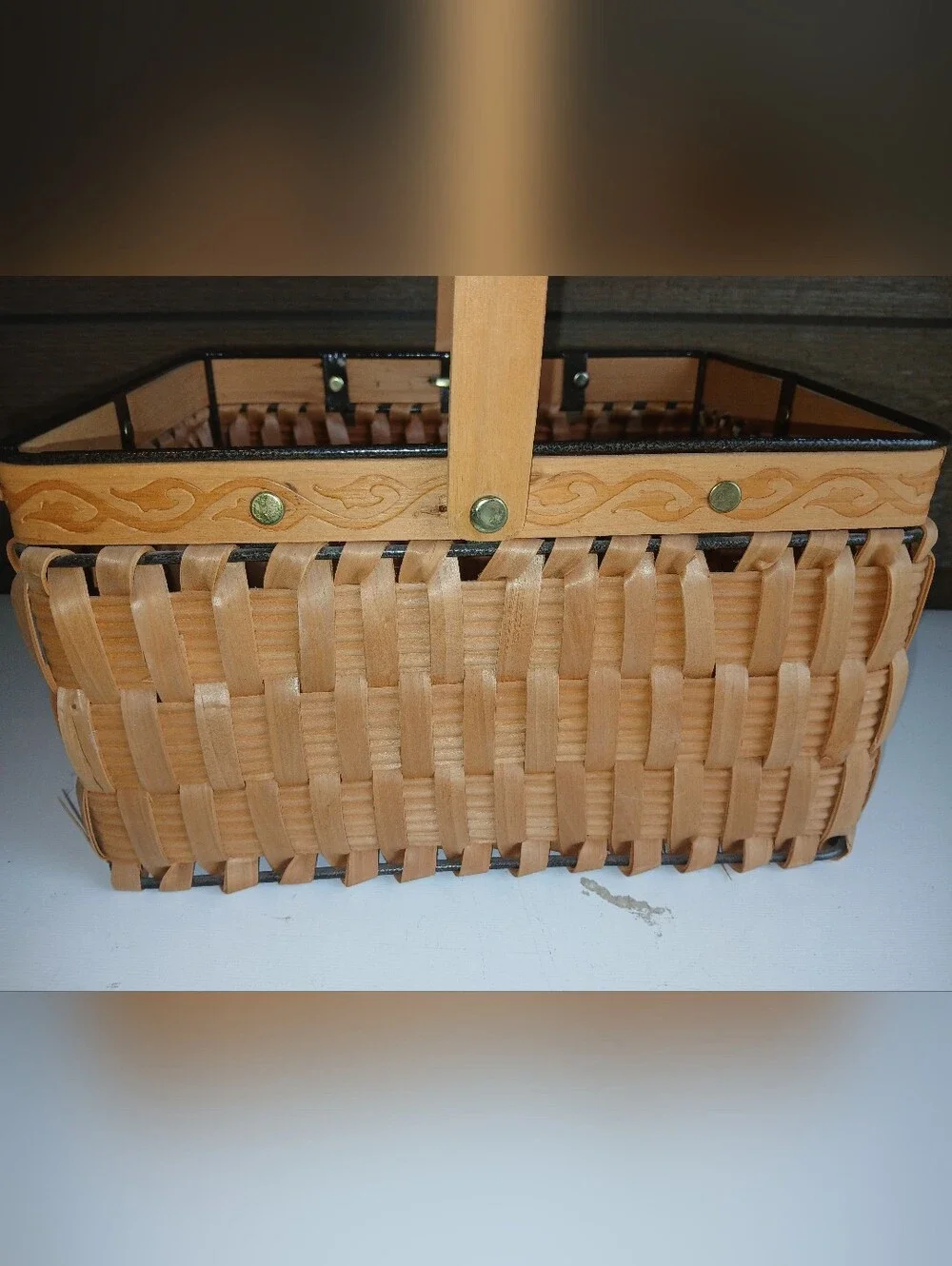 Rectangular Wicker & Metal Basket W Handle Great Shape Very Sturdy